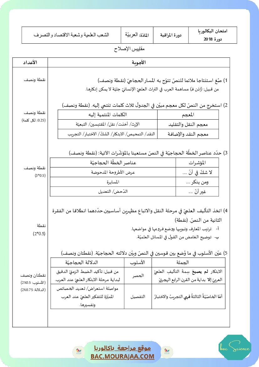 Corrigé controle arabe Bac 2018 – Section science